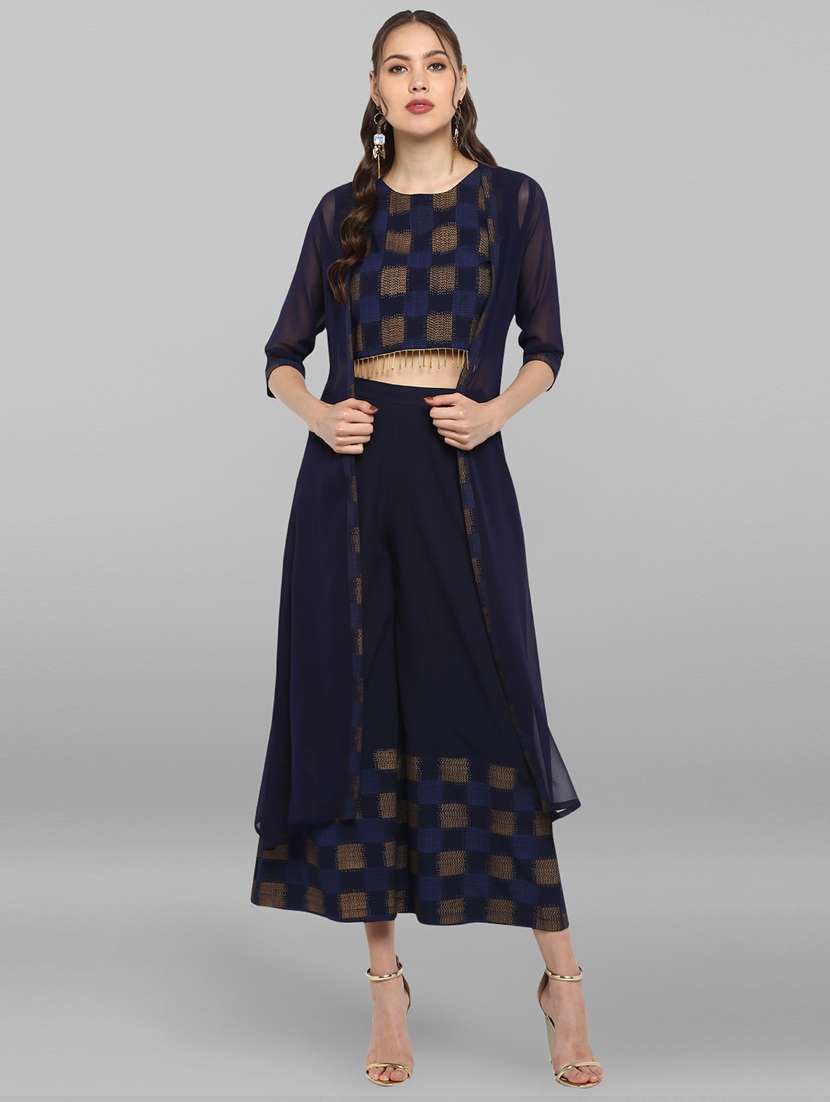 navy top palazzo set with jacket