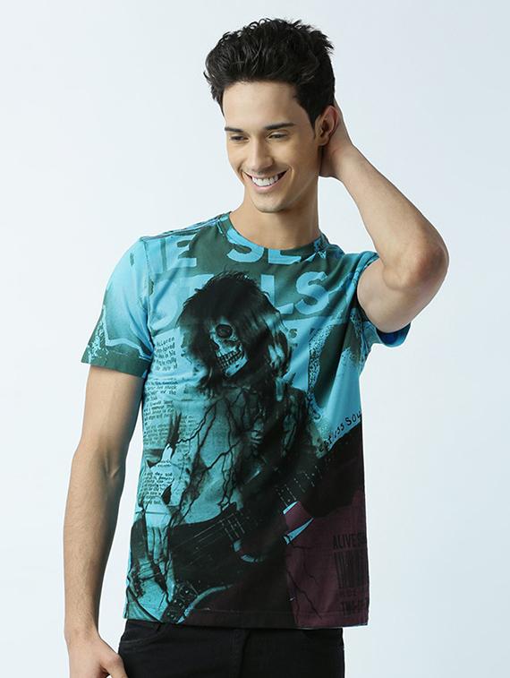 blue printed cotton blend regular t-shirt