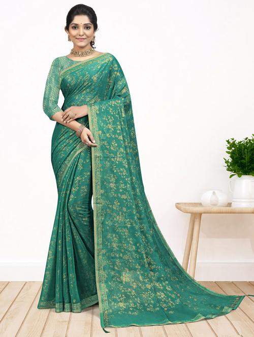 women's foil print turquoise colored saree - 19783543 - Very Small Image - 1
