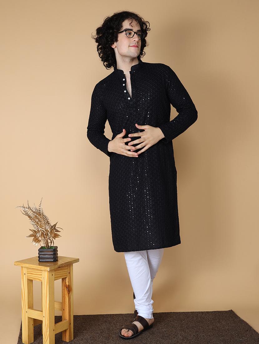 men embroidered kurta churidar ethnic wear set