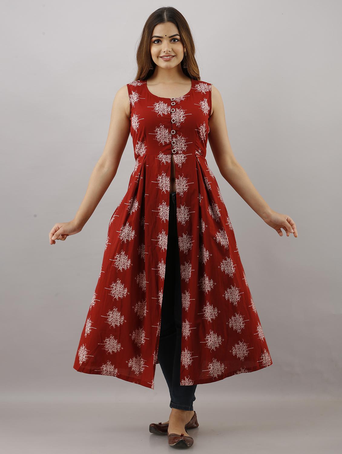 maroon rayon front slit kurta