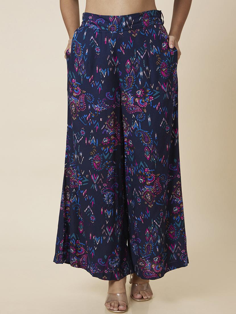 globus women navy blue paisley printed wide leg palazzos