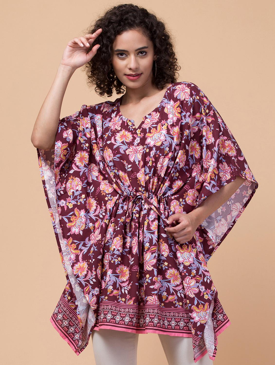 maroon printed notch neck kaftan