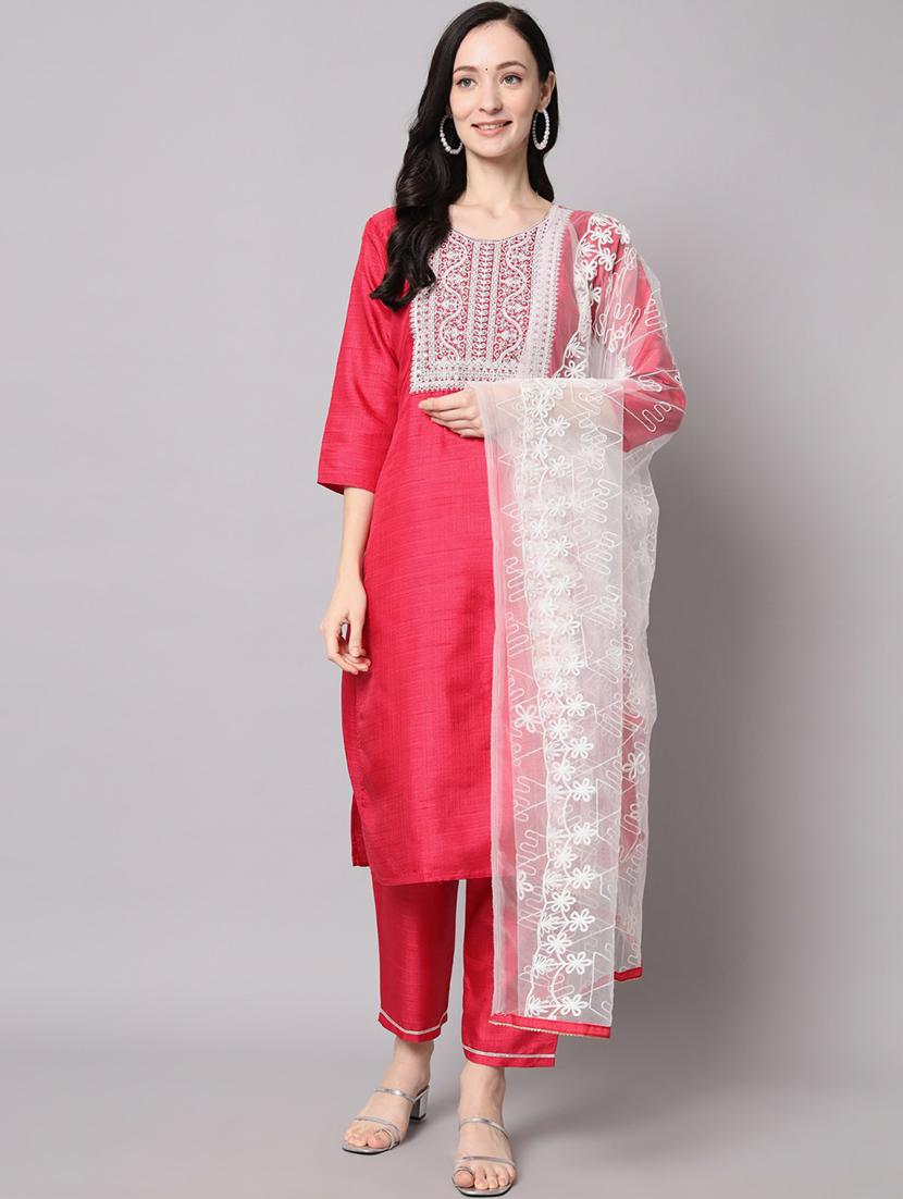 piink round neck kurta pant set with dupatta