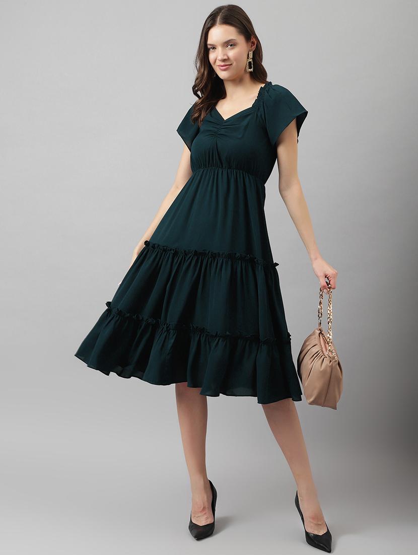 women solid green tiered detailed dress
