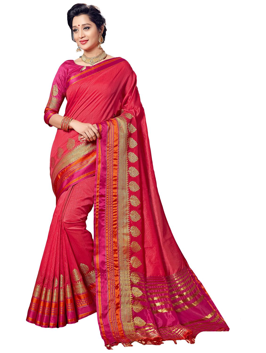 women's solid red colored saree with blouse