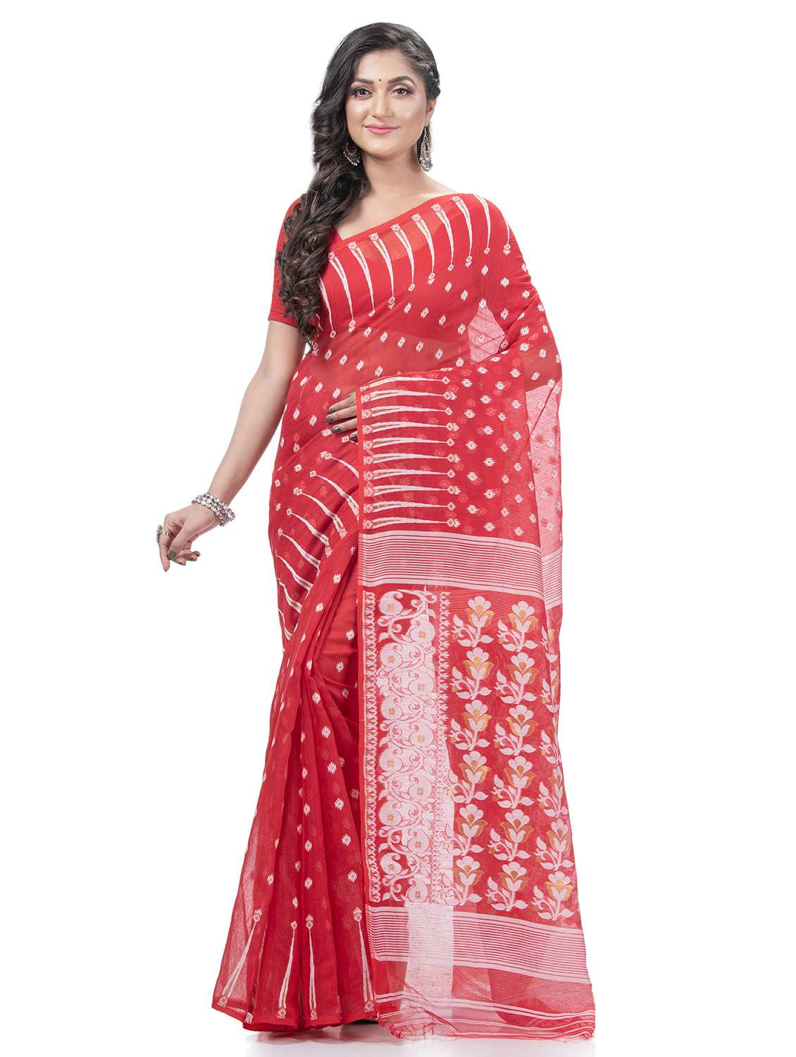 women's self design red colored saree with blouse