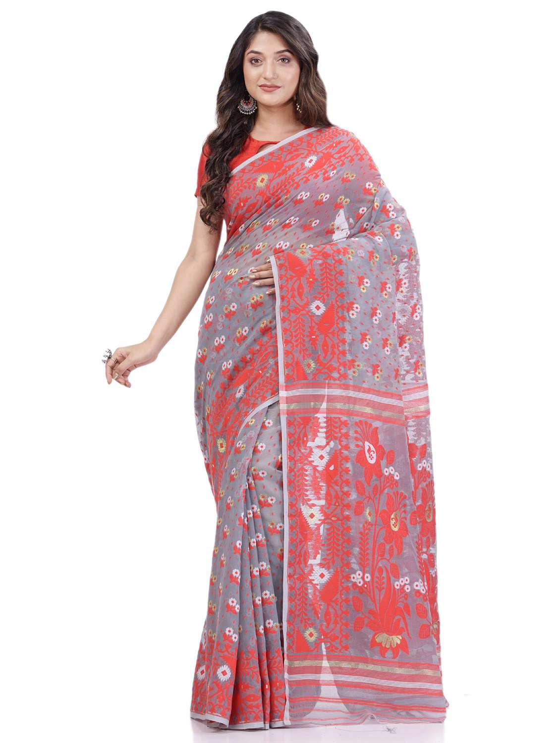 grey self design jamdani saree with blouse