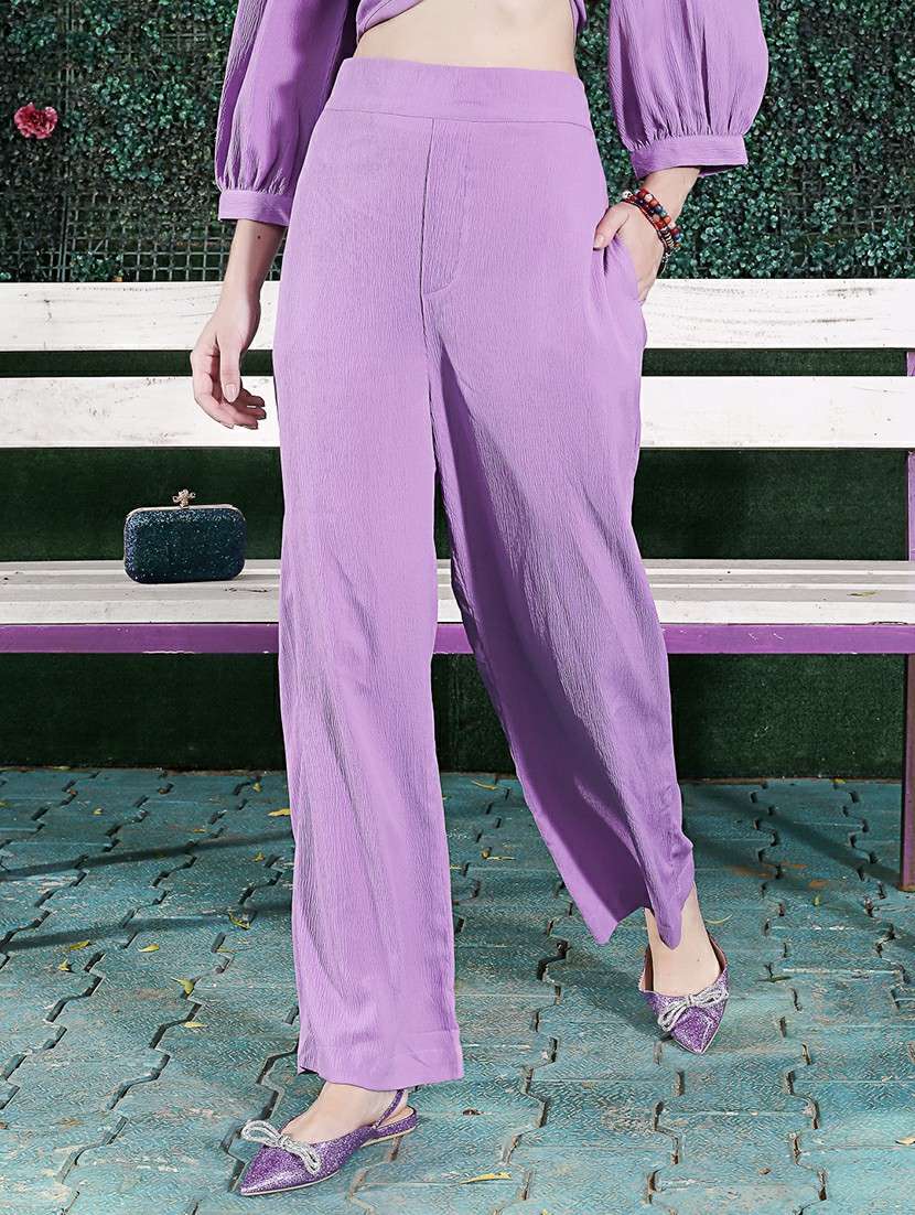 women purple polyester flat front trouser