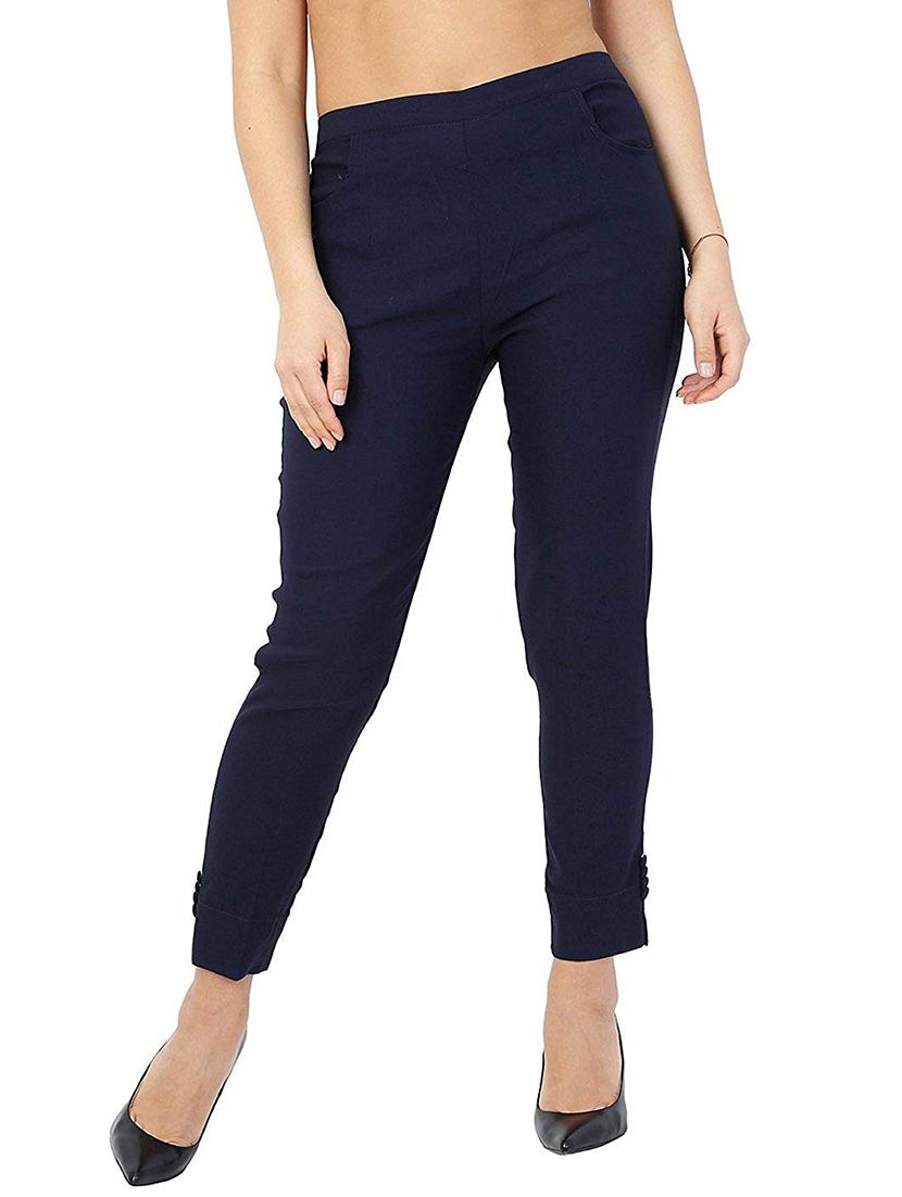 navy blue cotton blend tregging trousers