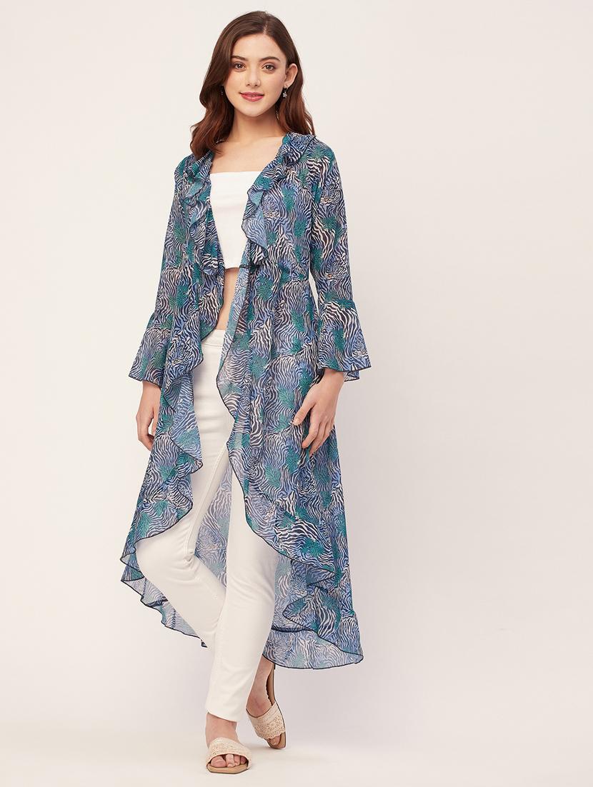 women animal printed ruffle detailed shrug