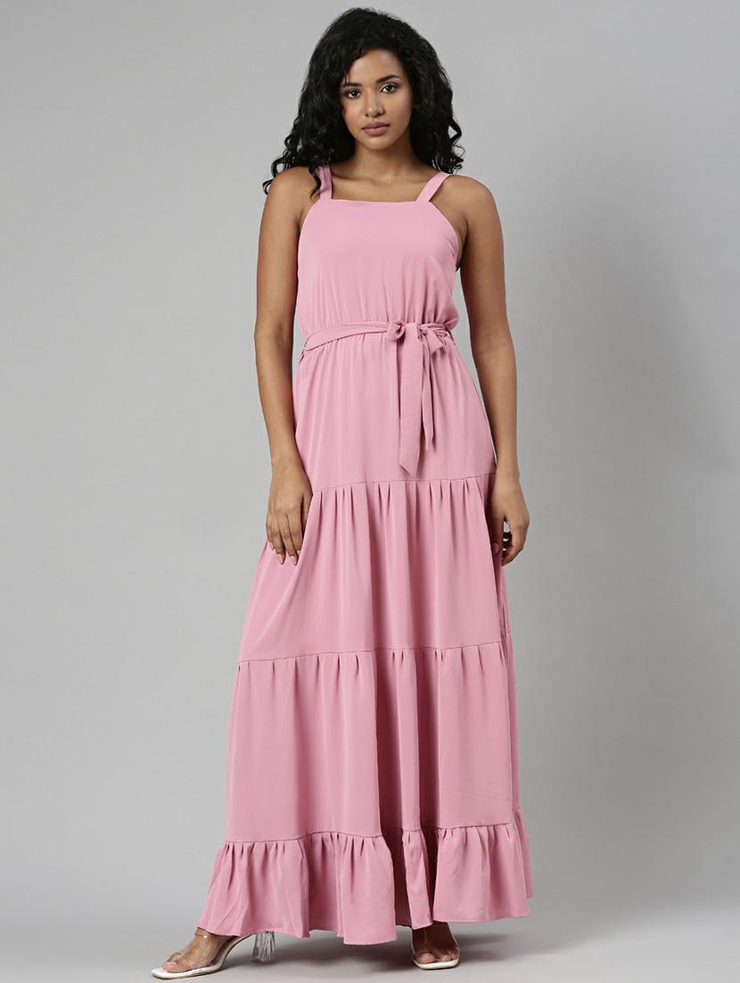 women pink shoulder strap tiered maxi dress