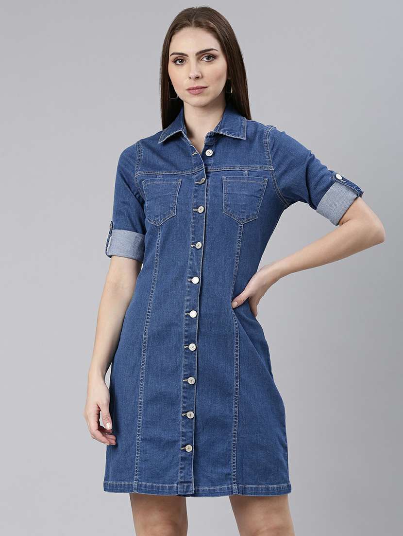 women blue solid mini shirt dress
