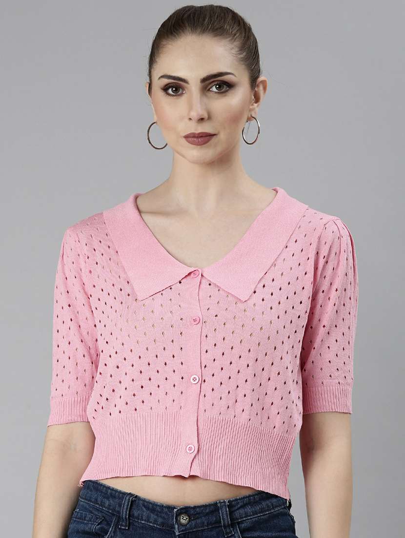 solid pink self design button detailed regular short top