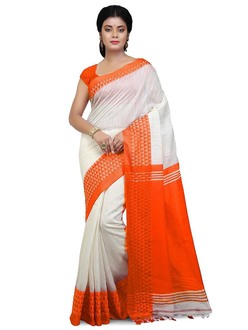 women white solid bordered saree with blouse