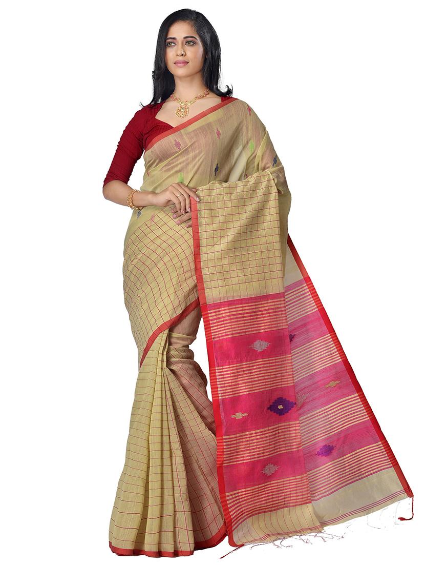 women beige self design handloom saree with blouse