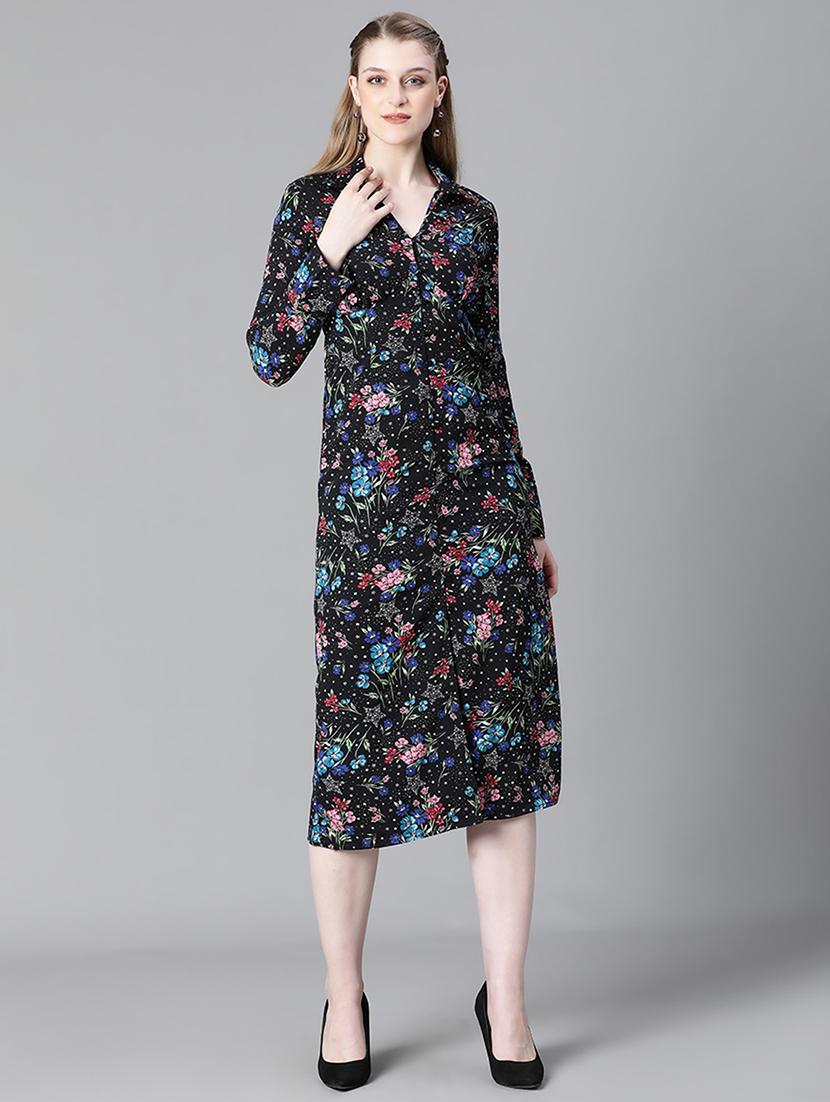 black floral printed button detailed midi dress