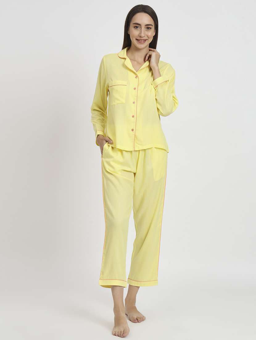 women yellow solid shirt & pyjama set nightwear set