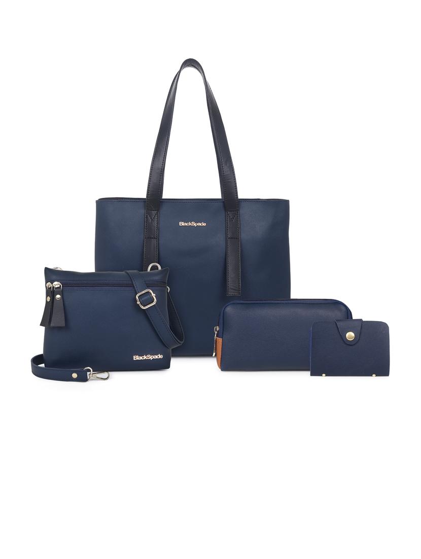blue solid set of 3 leatherette (pu) regular tote