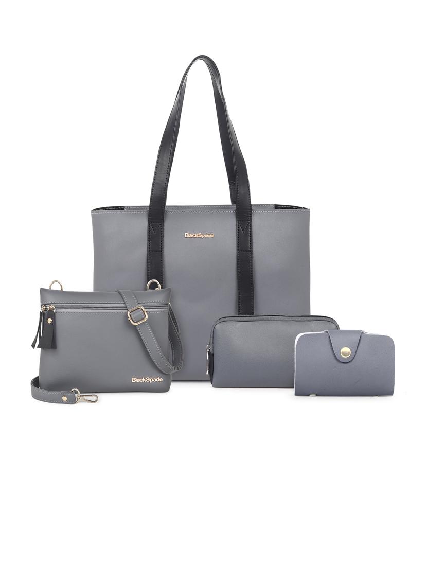 grey solid set of 3 leatherette (pu) regular tote