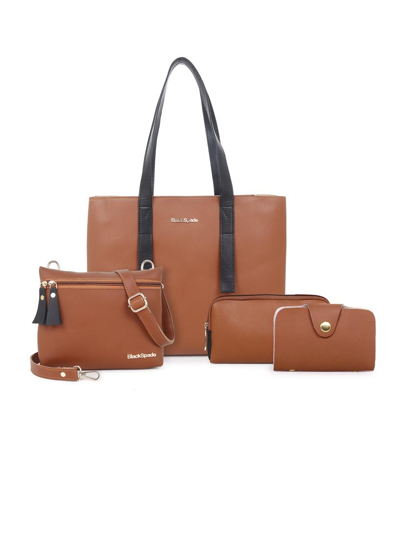 tan solid set of 3 leatherette (pu) regular tote