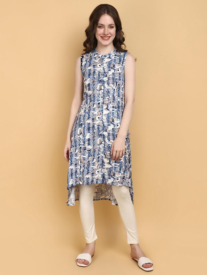 women blue mandarin neck high-low kurta