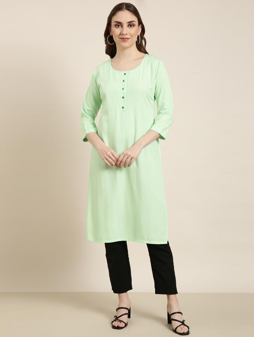women green round neck straight kurta