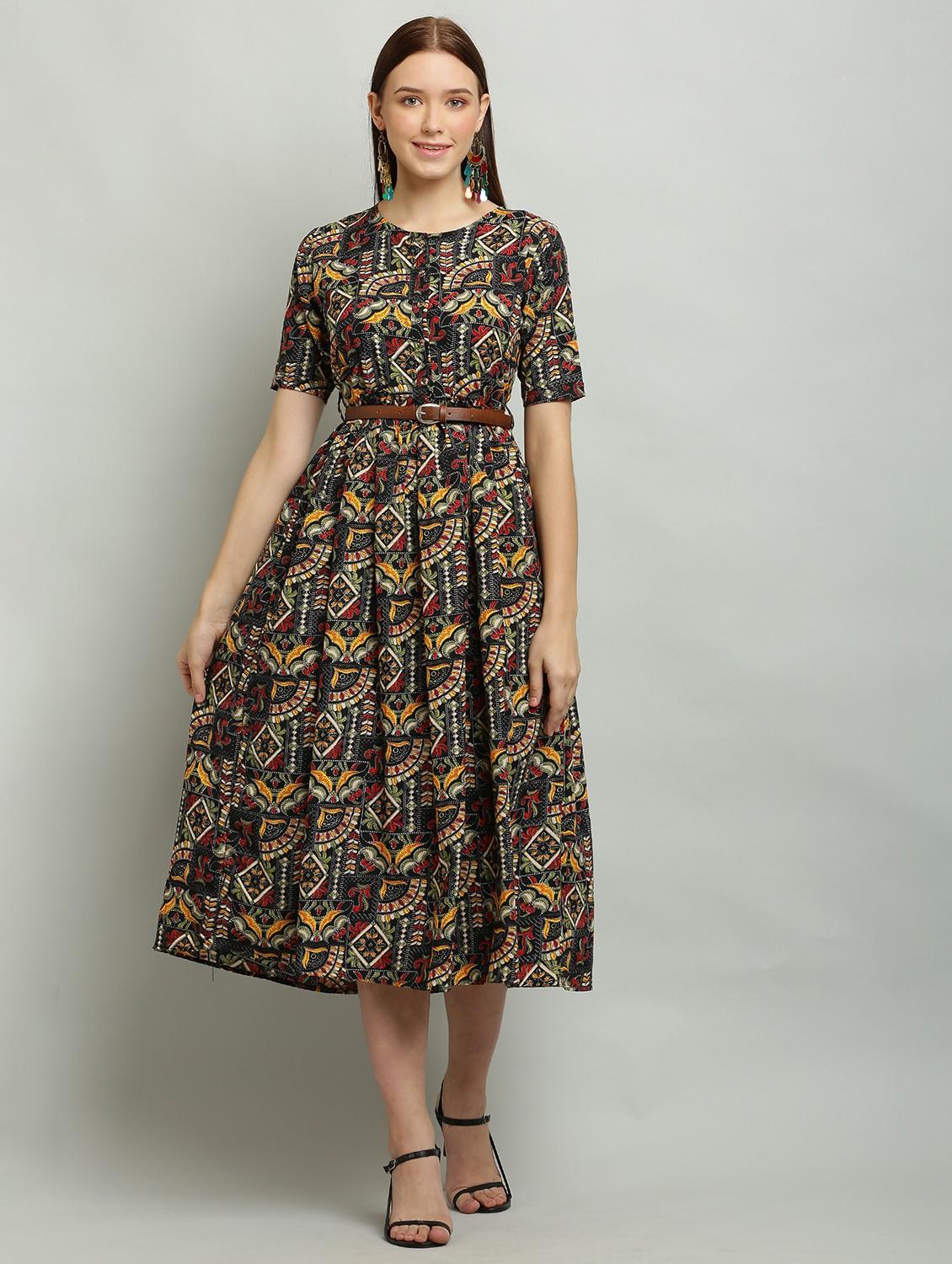 women round neck printed fit & flare dress