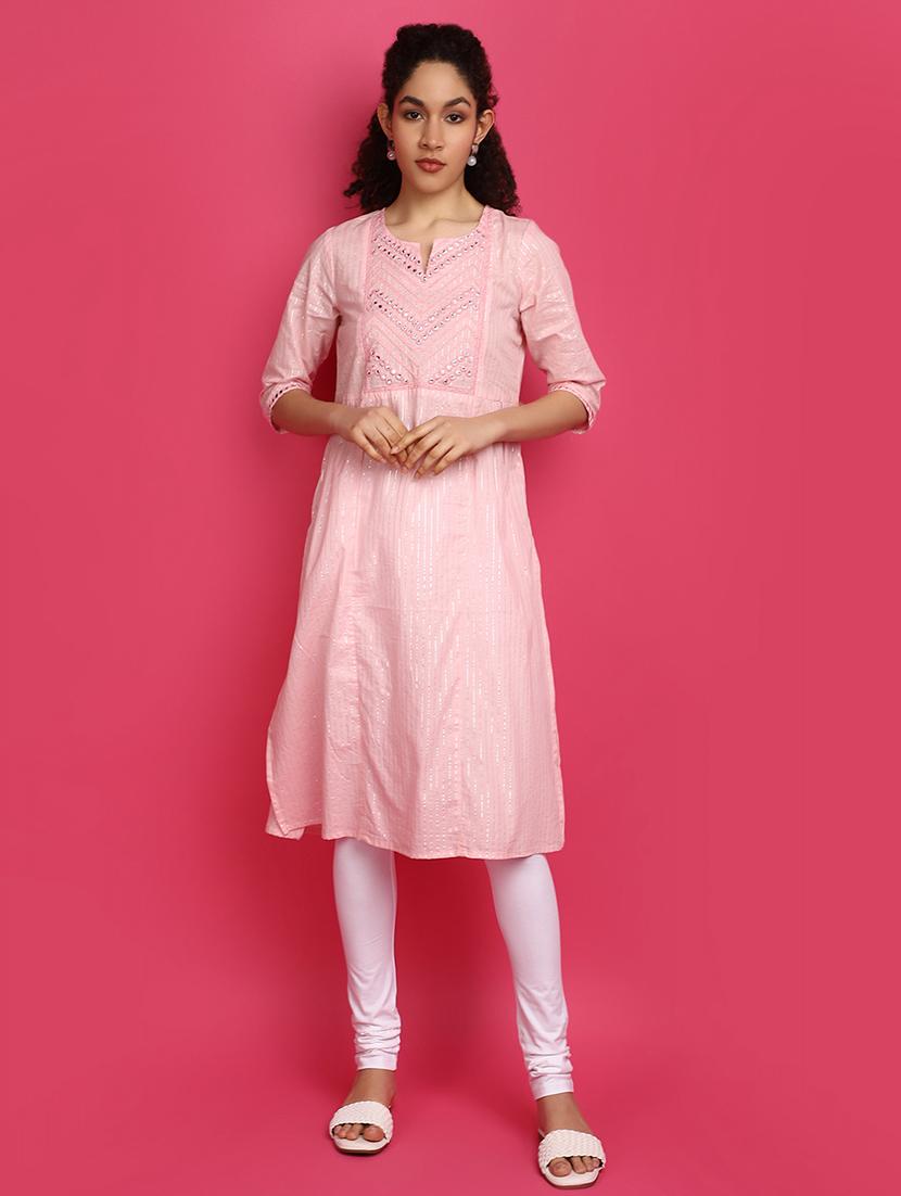 pink mirror work cotton kurta