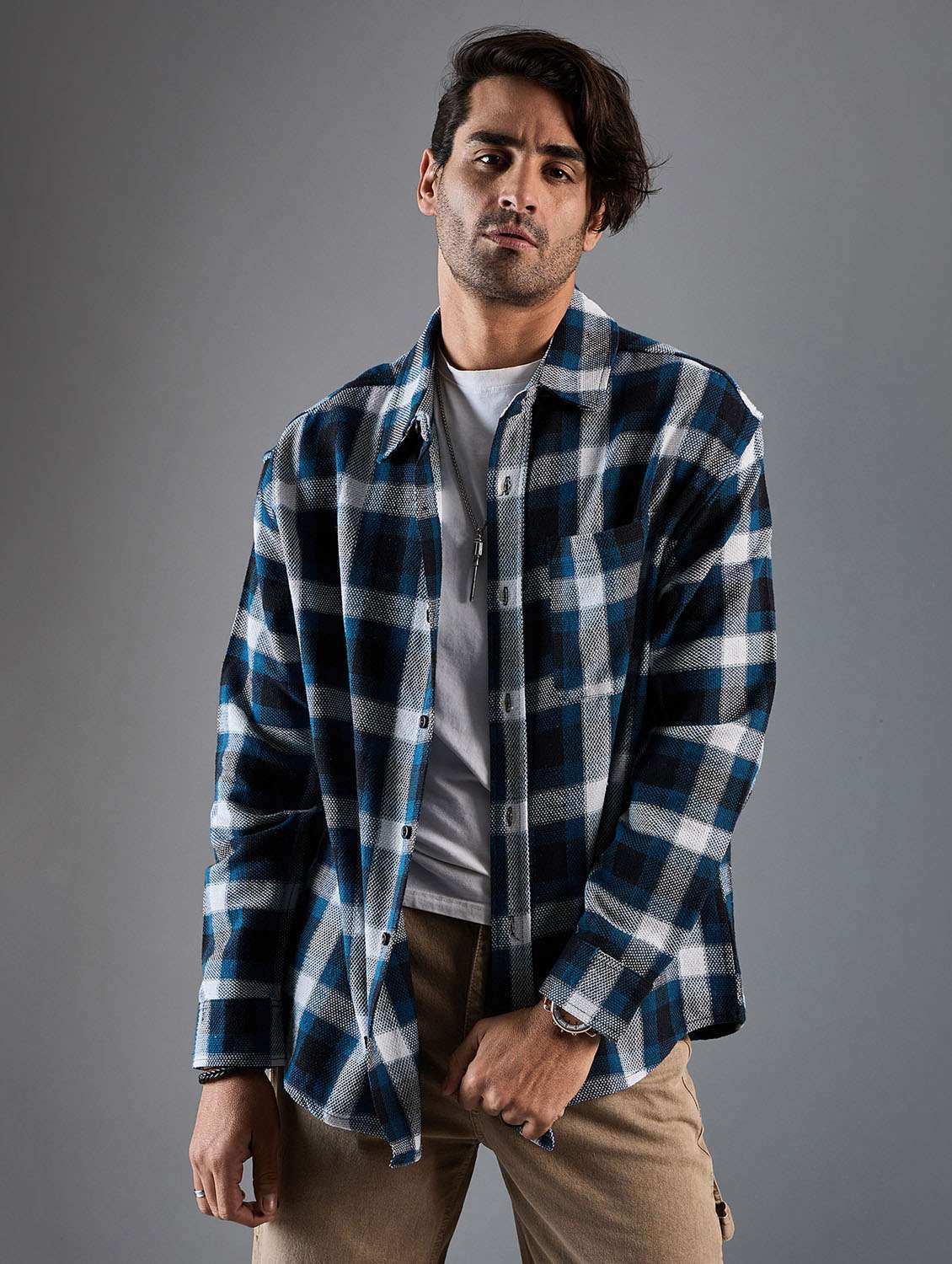 men checkered oversized casual shirt