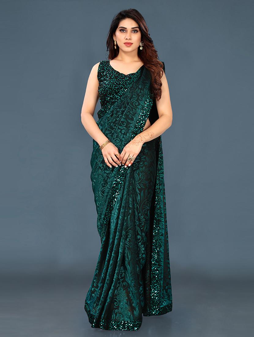 women green embellished lace work saree with blouse