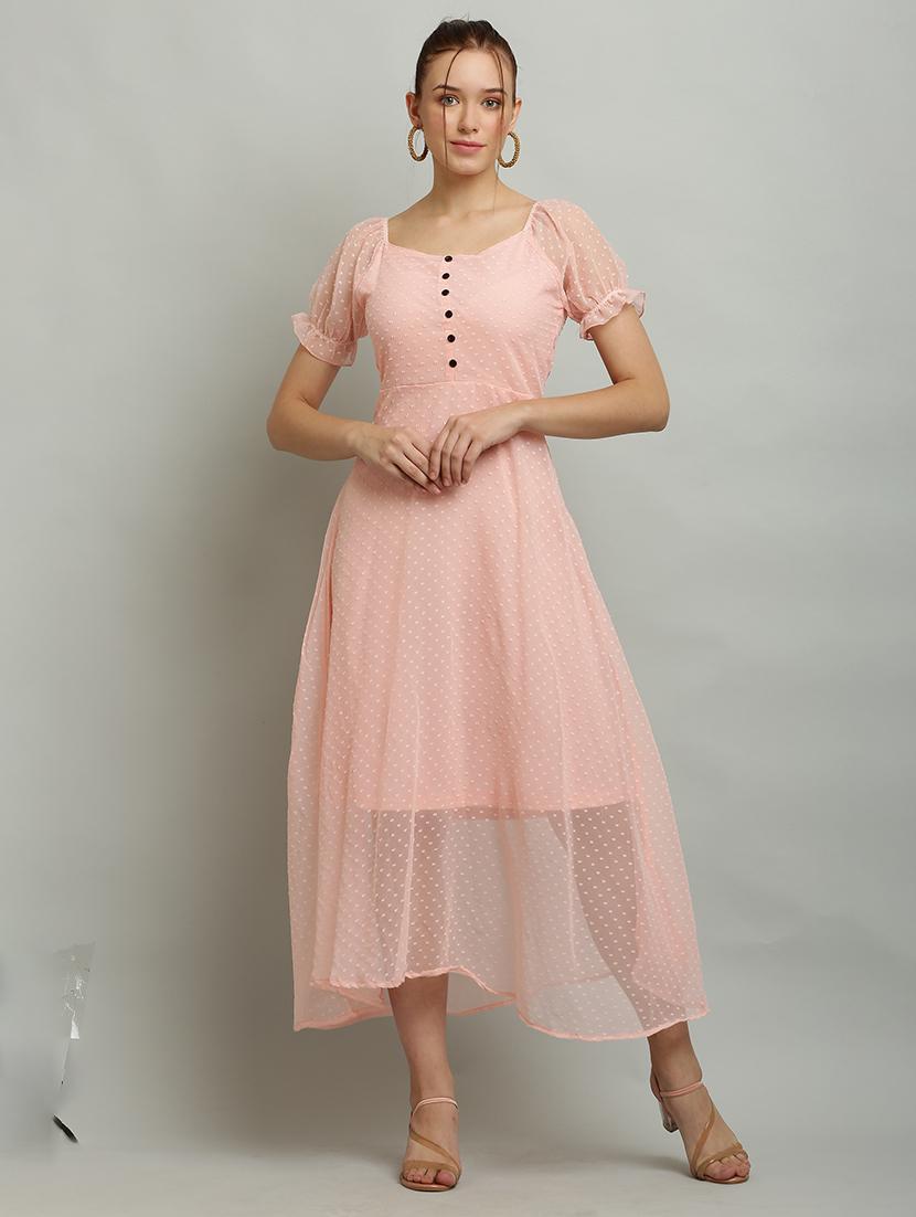 women solid puff sleeves a-line dress