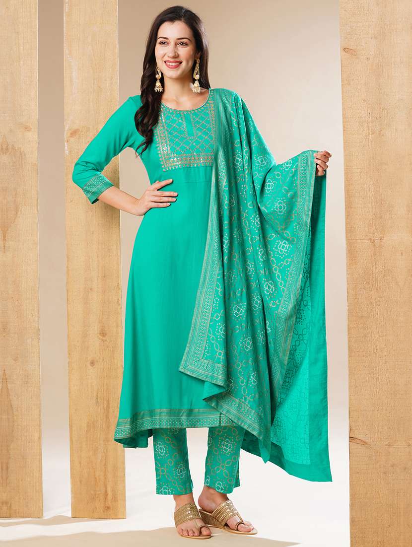 globus women green embroidered yoke a-line festive kurta with dupatta & pant set