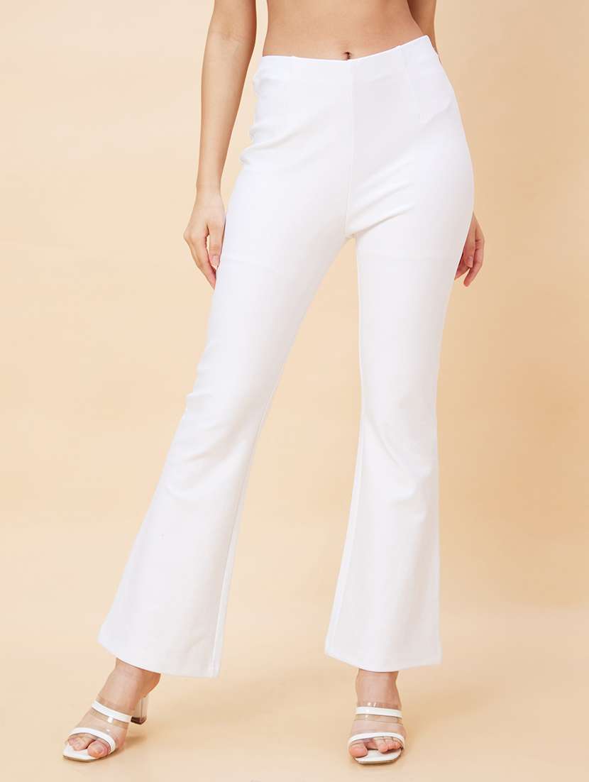 globus women white opaque stretchable high-rise flat front bootcut trousers