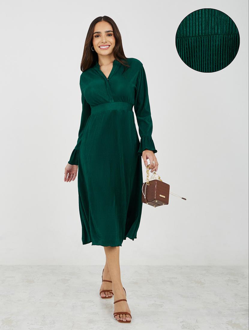 women solid mandrain neck a-line dress