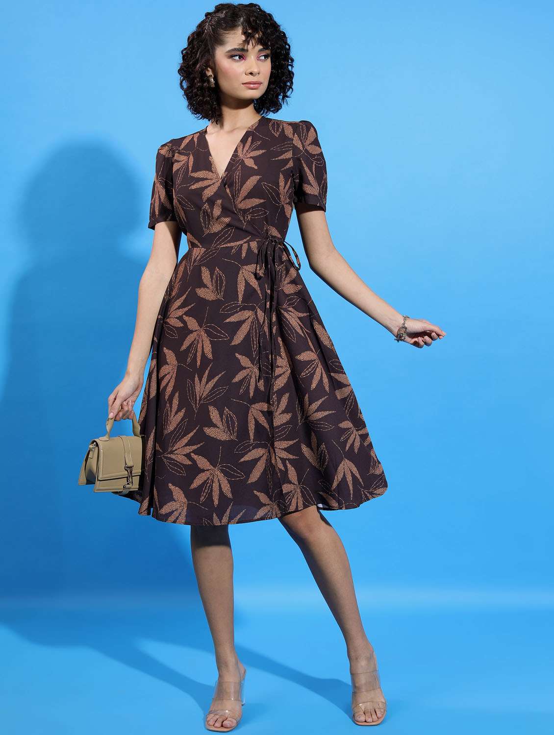 brown printed fit & flare dress