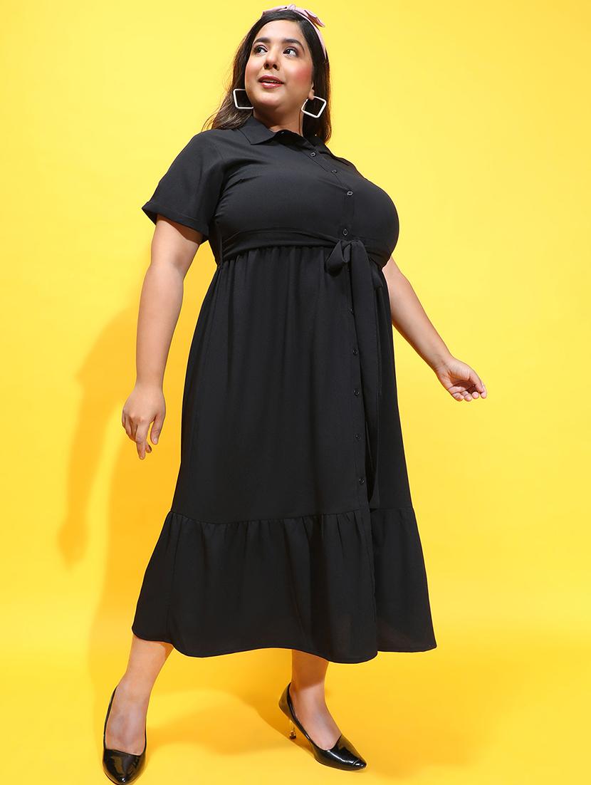 black solid fit & flare dress