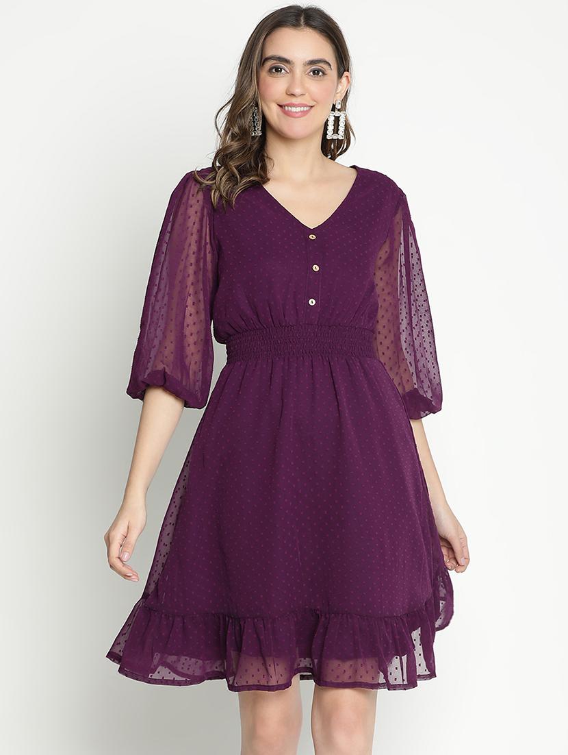 women purple polyester fit & flare dress