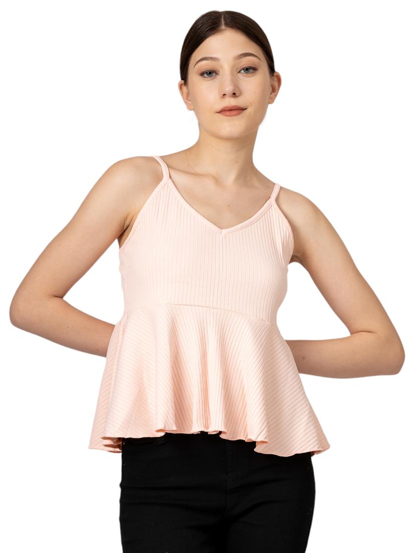 women solid shoulder strap peplum top