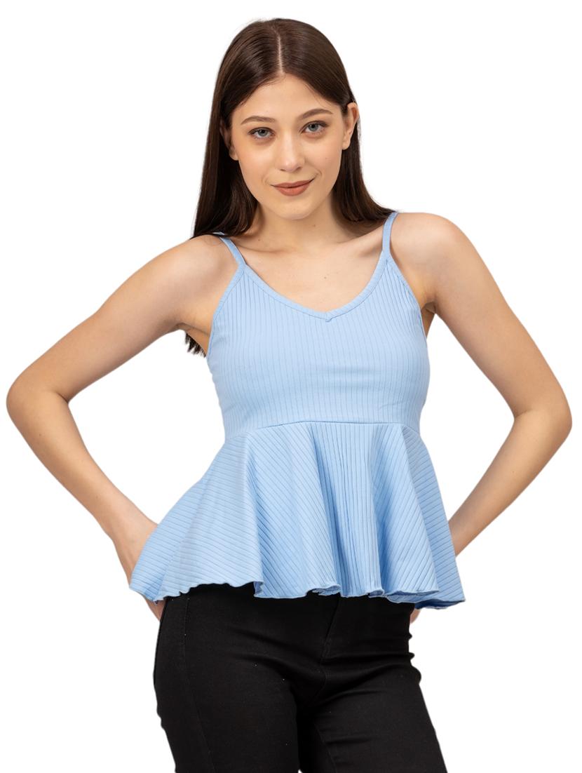women solid shoulder strap peplum top