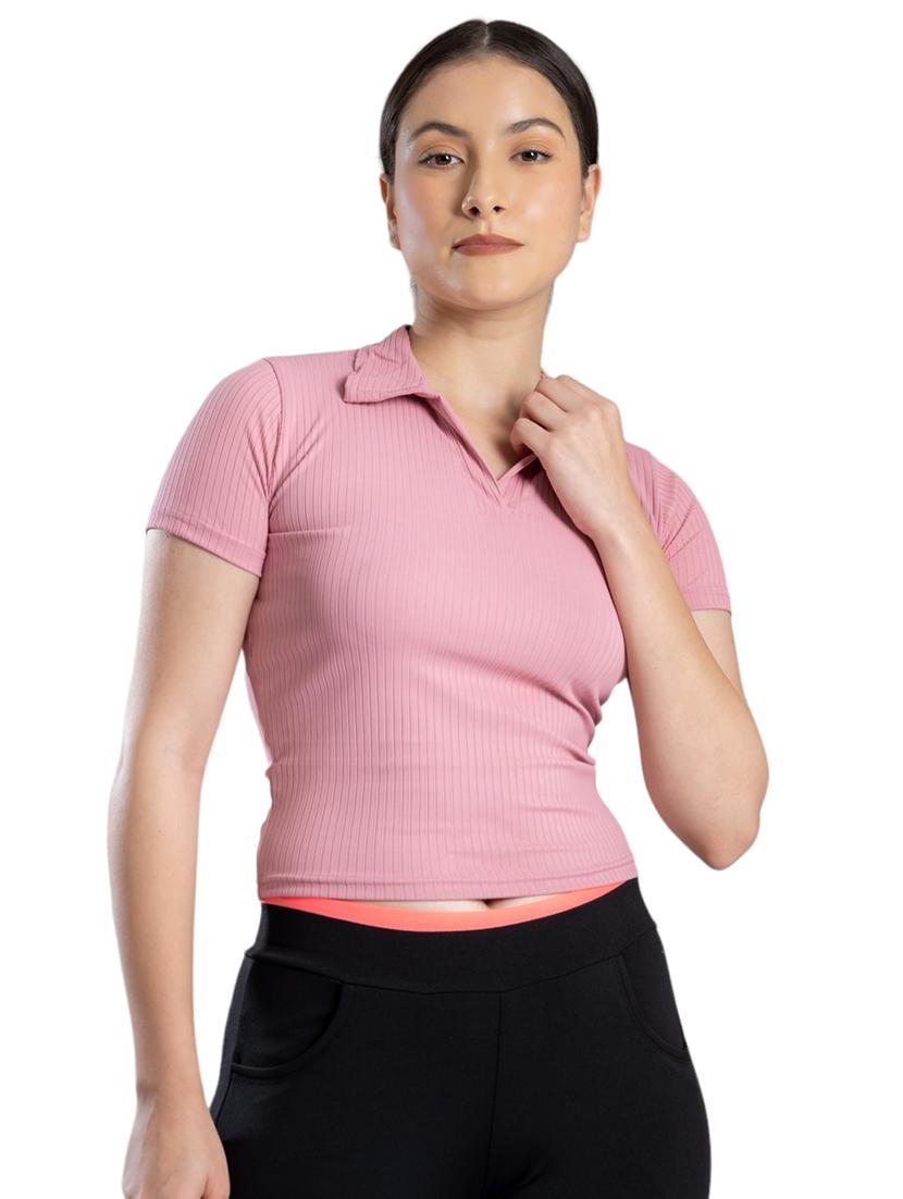 women solid collared crop top