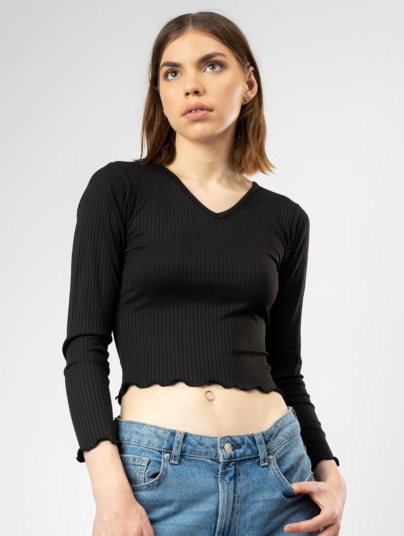 women solid long sleeves crop top