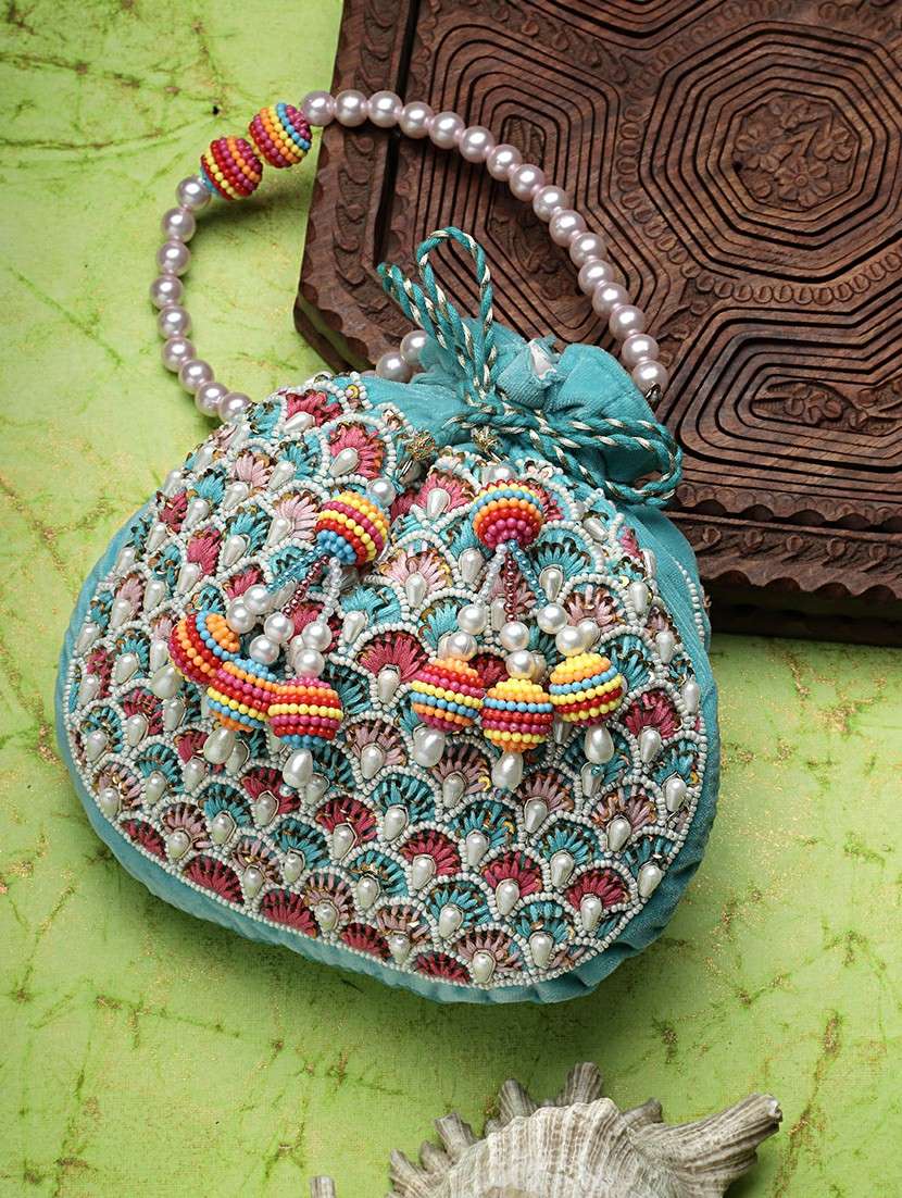 blue embroidered silk potli