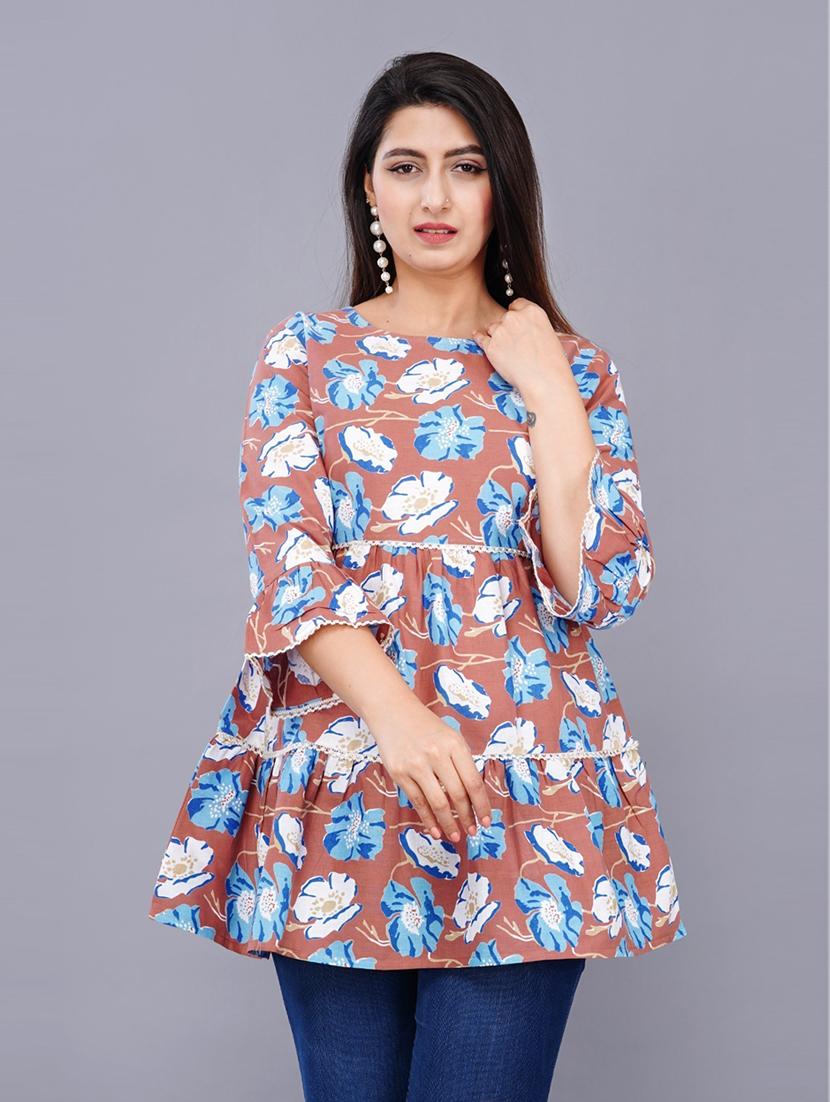 women floral printed round neck a-line top