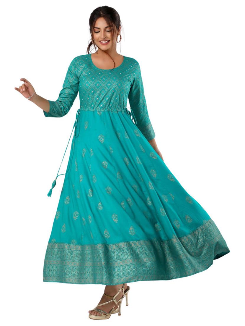 women turquoise foil printed anarkali kurta