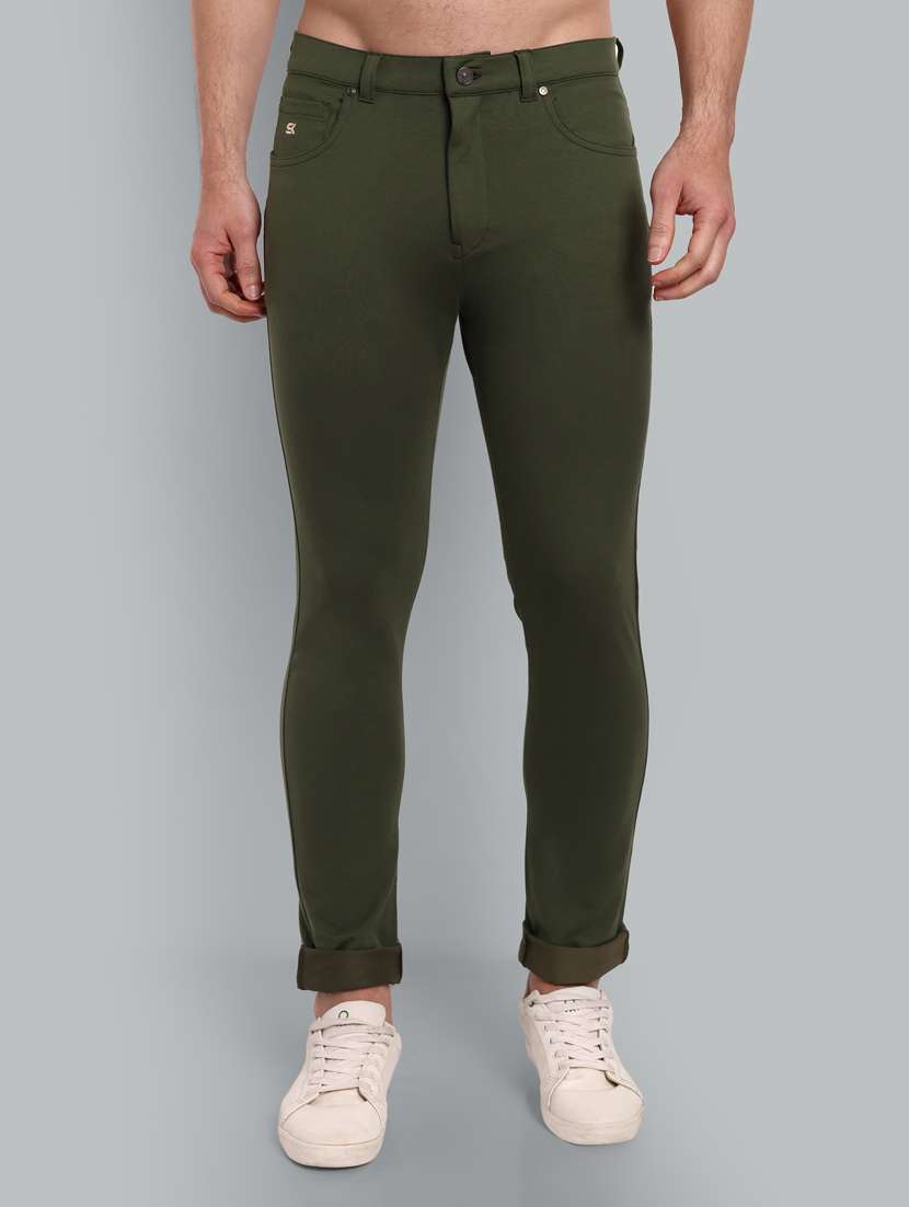 men olive green solid mid rise chinos