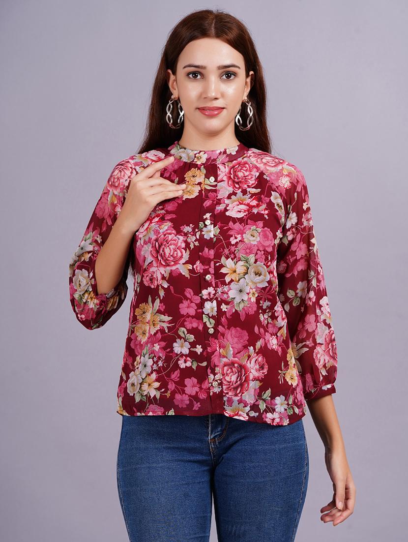 women maroon floral printed regular top