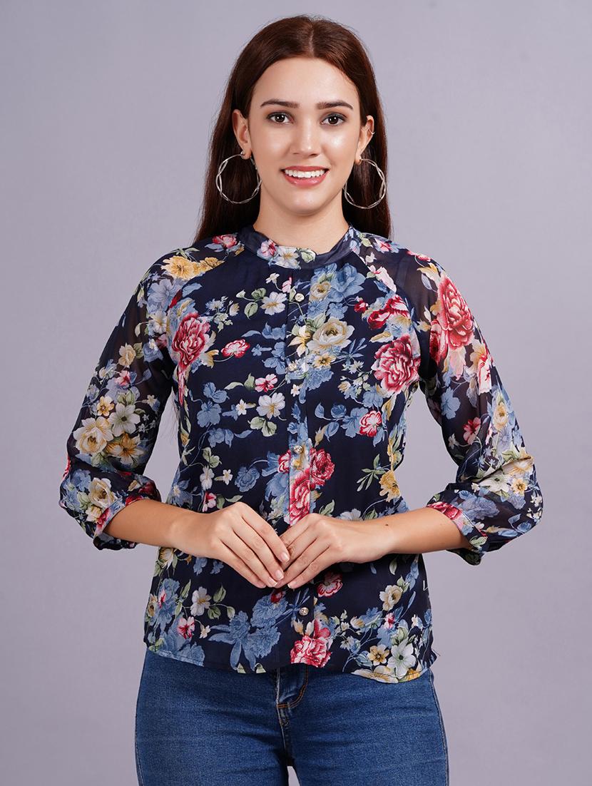 women navy blue floral printed regular top