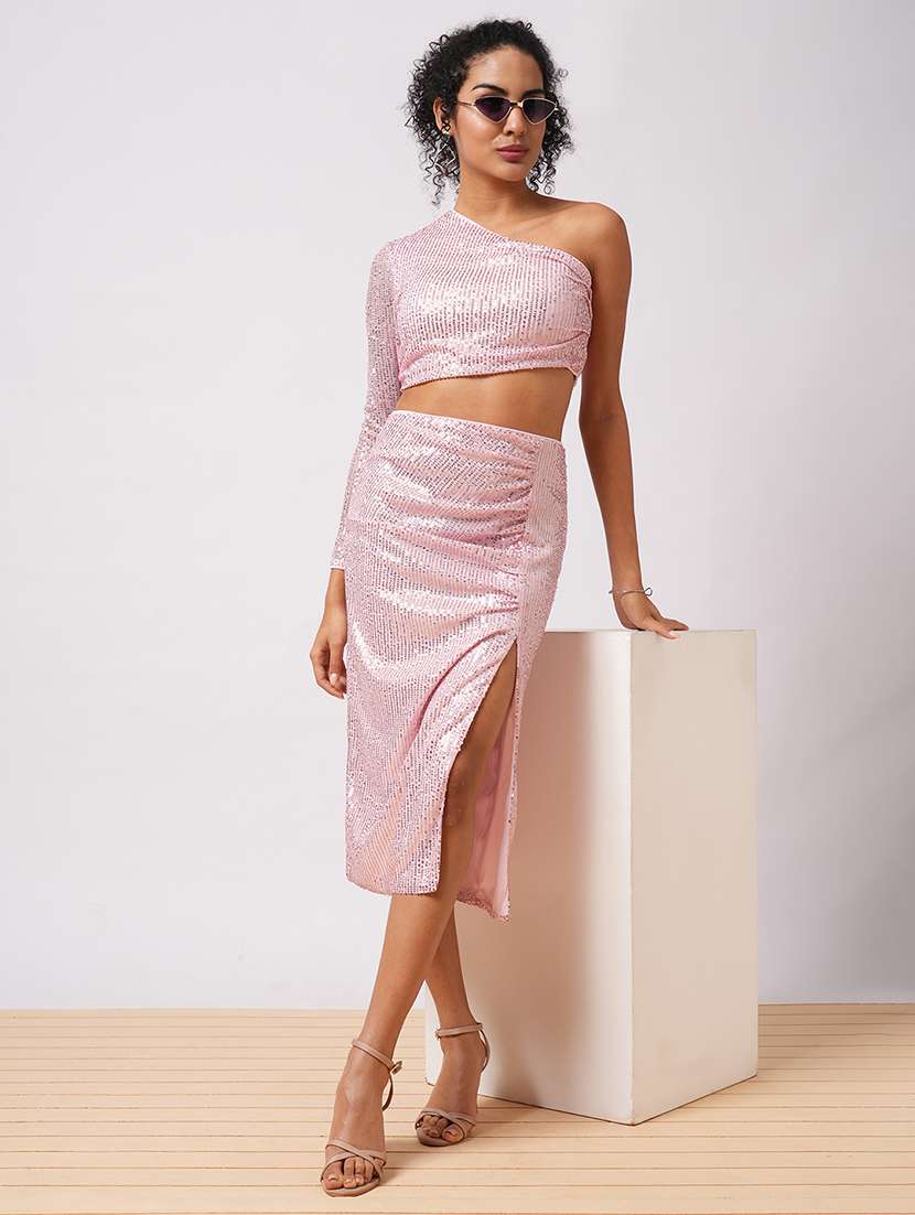 globus women pale pink embellished one shoulder crop top with ruched side slit midi skirt party co-ord set