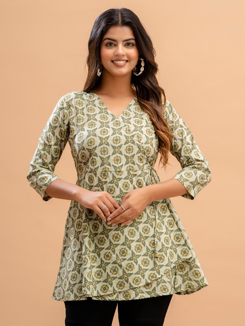 women printed three quarter sleeve angrakha kurti